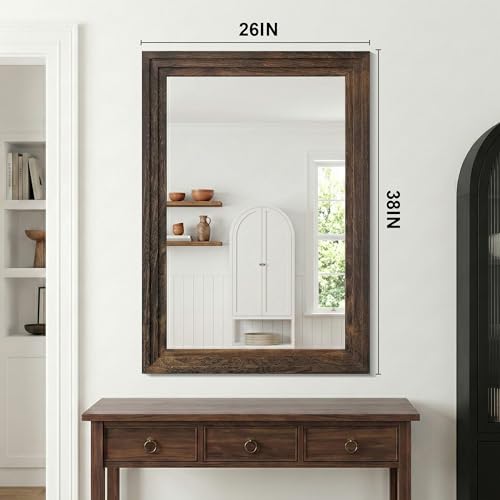 Wood Framed Mirrors for Wall, Brown Bathroom Vanity Mirror for Over Sink 26 x 38, Rustic Wall Mirror for Bathroom Sink Hallway Entryway Bedroom Living Room Farmhouse Boho Style - color: Wooden Brown, size: 38"L x 26"W