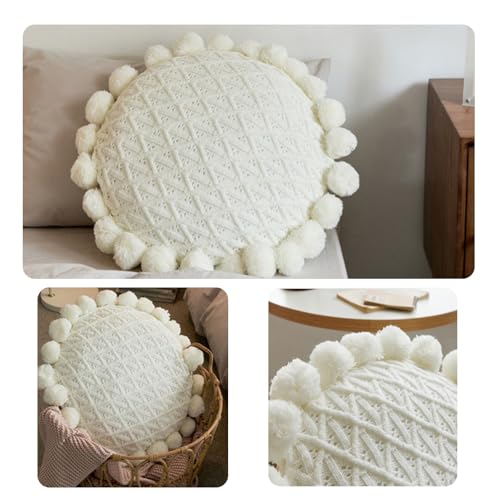 Byitre Bohemian Round Pillow 20 Inch | 100% Cotton Decorative Pillow Hand Tufted with Chunky Textured Poms | Boho Throw Pillow for Bed or Couch | Natural White Throw Pillow - color: Lattice White