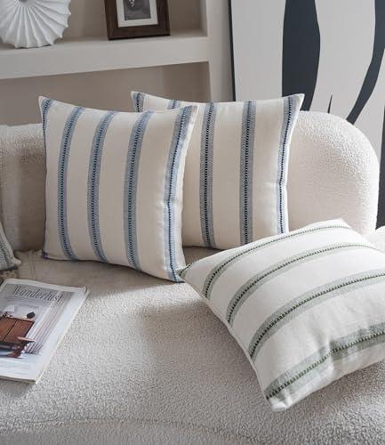 Cethom Boho Throw Pillow Covers 18x18 Set of 2, Beige and Blue Striped Decorative Pillow Cases for Couch Chair Bed, Textured Farmhouse Accent Cushion Covers for Living Room Bedroom Sofa Home Decor - color: Classic Blue, size: 18" x 18" (Pack of 2)