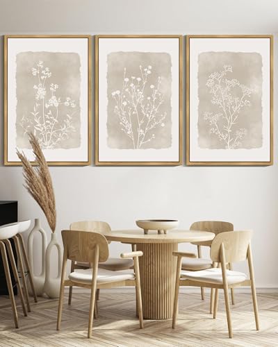 Drsoum Botanical Flower Wall Art Framed Vintage Floral Wall Prints Wildflower Neutral Rustic Bohemain Artwork Farmhouse Bedroom Ready to Hang 24x36in Natural Framed - color: Beige Botanical Floral, size: 36L" x 24W", Natural Framed