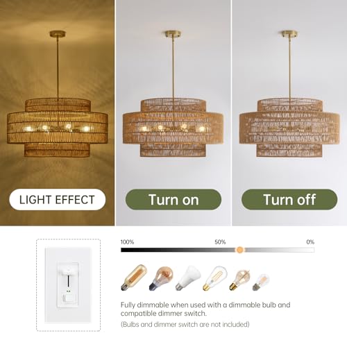 30” Boho Rattan Chandelier Light Fixture, 8-Light Large Hand Woven Pendant Light Fixture Farmhouse Rustic Chandeliers for Dining Room, Kitchen, Bedroom, Living Room, Hallway, Foyer - color: Brown, size: 30” 8-Light