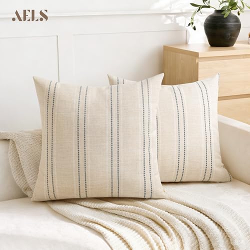 AELS 20x20 Decorative Farmhouse Linen Blend Throw Pillow Covers, Boho Textured Pillow Case, Set of 2, Beige with White & Gray Stitch Yarn Dyed Stripe Cushion Cover for Sofa Living Room (Cover ONLY) - color: Beige With White & Gray, size: 20" x 20" (Pack o