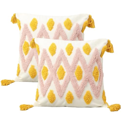 Andreannie Pack of 2 Boho Tufting Throw Pillow Cover Embroidered Textured Cushion Cover with Tassels Soft Home Decororative for Couch Sofa 18x18 inch (Pink and Yellow) - color: Pink and Yellow