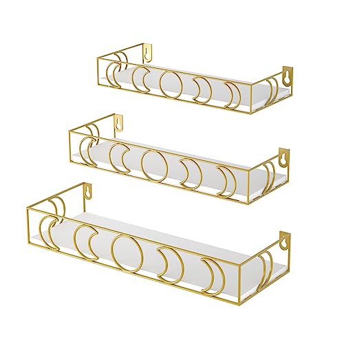 PHAREGE Moon Phase Floating Shelves White Gold, Set of 3 Small Decorative Wall Shelves for Book Plant Storage, Crystal Figurine Collectibles Display Shelf for Bedroom Kid Room - color: White Gold