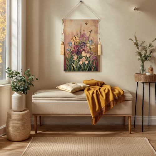 AureoMadis Vintage Floral Tapestry Wall Hanging Set with Telescopic Rod & Tassels - Jacquard Woven Fabric Aesthetic Flower Wall Tapestries for Bedroom/Living Room Decor Spring Botanical Art (27"x42") - color: Multicolored, with irises and butterflies