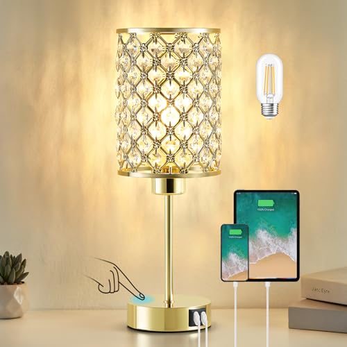 GyroVu Crystal Table Lamp, Gold Touch Lamp for Nightstand with USB C+A Ports, Dimmable Lamp with Crystal Shade, Bedside Lamp Small Lamp for Bedroom, Living Room(Buld Included) - color: Gold, size: 14.75"