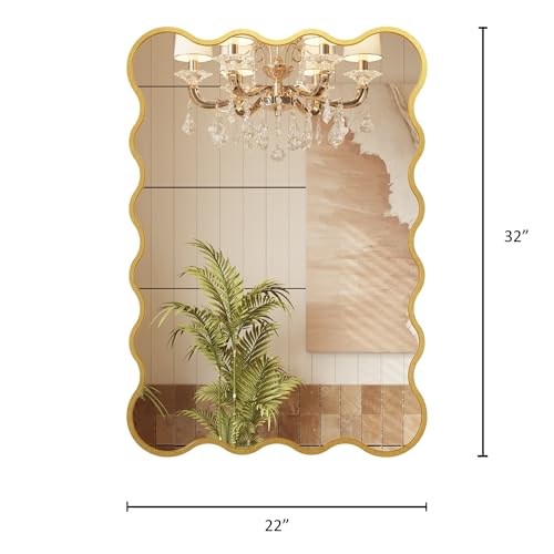 Kelly Miller 22x32 Inch Gold Scalloped Mirror, Large Rectangular Wavy Edge Bathroom Vanity Wall Mirror Decorative for Bedroom Living Room Entryway Fireplace Mantle - size: 32"L x 22"W