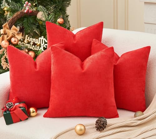 Pack of 4 Christmas Red Pillow Covers 18x18 Inch Chenille Throw Pillow Covers Solid Decorative Soft Xmas Cushion Covers Home Boho Textured Decor for Couch Sofa Bed Living Room - color: Red, size: 18" x 18" (Pack of 4)
