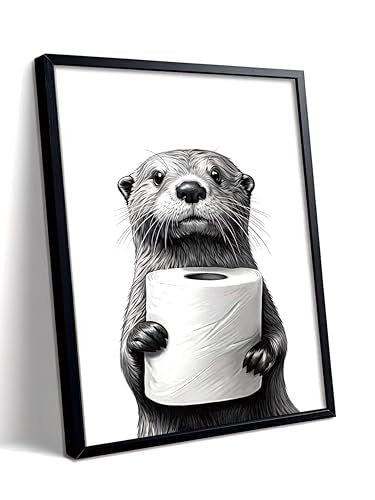 LBTZEVIR Framed Black and White Bathroom Wall Art Cute Animal Wrapped Canvas Painting Otter Holding Toilet Paper Wall Decor Modern Humor Painting Wall Funny Bathroom Wall Decor for Hme 16×12in - color: Black and White, size: 16"L x 12"W