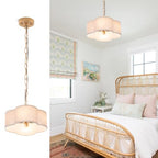VILUXY Farmhouse Chandelier White Linen Fabric 4 Lights Pendant Light Flower Round Drum Chandelier with Gold Light Fixture for Bedroom Dining Room Living Room - color: white with chain