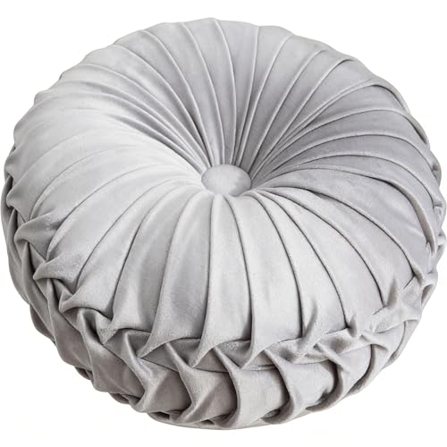 MOCOFO Round Velvet Throw Pillow, Pumpkin Shape Decorative Floor Cushion, Handcrafted Pleated Design, 14 and 16 Inch Diameter, Multiple Colors, Polyester Fill (Light Grey, 16") - color: Light Grey, size: 16"