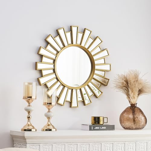 23.6" Sunburst Round Mirror, Gold Sun Decorative Wall Mirror, Design for Fireplace Mantel Foyer Entryway Bedroom, Modern Glam Sunflower Wall Art | Easy Hanging Wall Decor for Living Room - color: Sunflower Gold