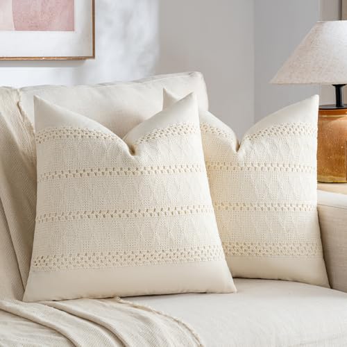 Fancy Homi Set of 1 Boho Cream Decorative Throw Pillow Cover 16x16 Inch for Couch Bed Sofa, Aesthetic Modern Organic Farmhouse Home Decor, Soft Cotton Cute Accent Macrame Woven Cushion Case - color: Cream, size: 16" x 16" (Pack of 1)