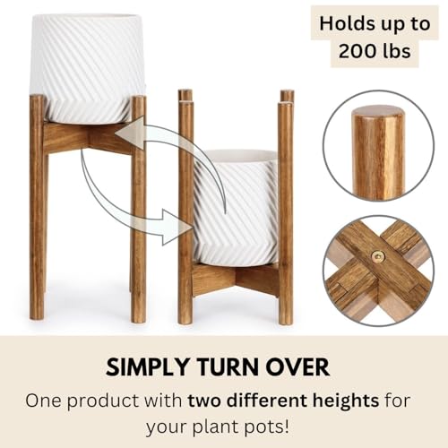 Fox & Fern Adjustable Tall Plant Stand Indoor — 8 to 12 Inch Mid Century Bamboo Plant Stand with Adjustable Width - Plug In Design - Easy to Assemble - Two Heights - For 8, 9, 10, 11 & 12 In Pots - color: Polished Bamboo - Mid, size: 8 - 12 Inch - Adjusta