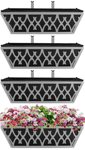 4 Pack 16 Inch Window Boxes Planters Railing Planter Box with Adjustable Brackets & Non-Woven Fabric Plant Grow Bags Deck Railing Planter Boxes Balcony Hanging Flower Box for Outdoor Plants - color: 4 Pack-grey, size: 16 Inch