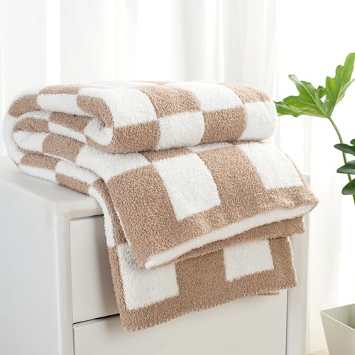 Carriediosa Checkered Throw Blanket 50" X 60", 400GSM Ultra Soft Microfiber Fuzzy Fluffy Reversible Cute Preppy Knitted Blankets Cozy Plush Fall Throws for Couch, Bed, Sofa, Taupe - color: Check - Taupe, size: 50" X 60"