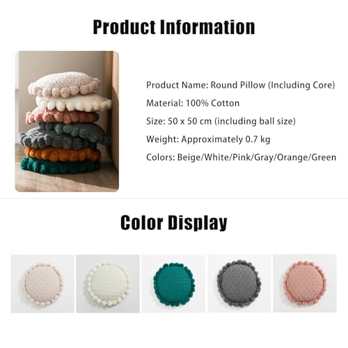Byitre Bohemian Round Pillow 20 Inch | 100% Cotton Decorative Pillow Hand Tufted with Chunky Textured Poms | Boho Throw Pillow for Bed or Couch | Natural White Throw Pillow - color: Lattice White