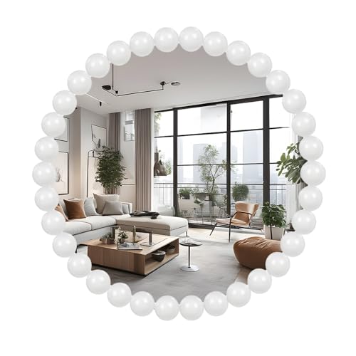 White Round Wall Mirror 24'' Wood Beaded Mirror for Wall Decor Large Circle Decorative Wall Mirror White Hanging Mirror for Bathroom,Bedroom,Living Room,Nursery Room,Kids Room - size: 24"L x 24"W