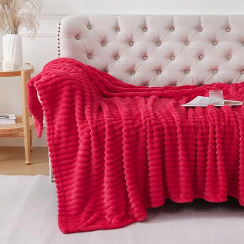 Cherry Red Throw Blanket for Couch Sofa 60x80 inches Striped Fleece Blankets Room Home Decor Lightweight Plush Soft Cozy Gifts for Women Mom Girls - color: Cherry Red, size: Twin(60"x80")