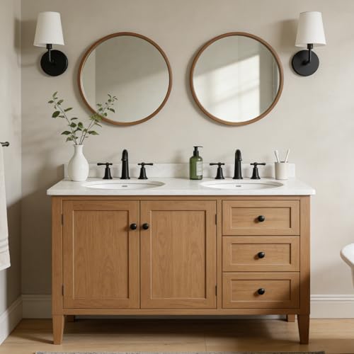 WallBeyond 24 Inch Natural Round Wood Mirror, Circle Wooden Frame Wall Mirror for Bathroom, Living Room, Bedroom, Entryway - color: Natural, size: 24"L x 24"W