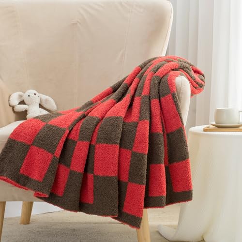 Carriediosa Checkered Throw Blanket 50" X 60", 400GSM Ultra Soft Microfiber Fuzzy Fluffy Reversible Cute Preppy Knitted Blankets Cozy Plush Fall Throws for Couch, Bed, Sofa, Red and Brown - color: Check - Red and Brown, size: 50" X 60"