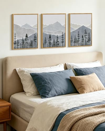 KUVIOKE Mountain Landscape Framed Wall Art Watercolor Nature Forest Painting Boho Farmhouse Rustic Room Decor for Bedroom Dining Room 12x16in (Natural Framed) - color: Blue Mountain, size: 12 x 16in x 3 Panels Natural
