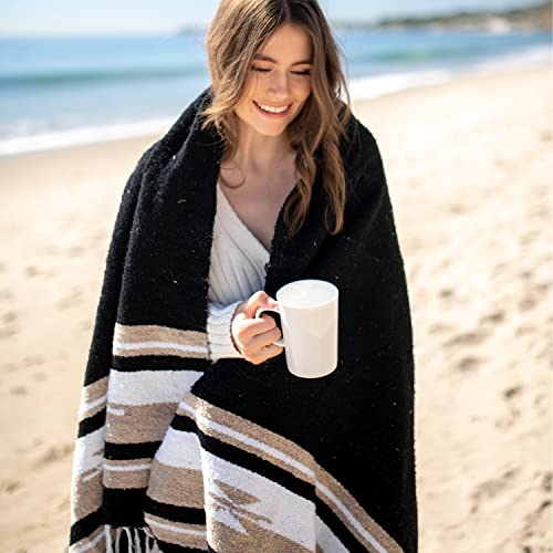Black Mexican Blanket by Laguna Beach Textile Co - Beach, Yoga, Camping, or Decorative Throw Blanket - Traditional Handmade Serape - Black Baja - color: Black