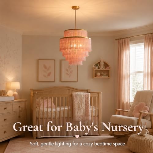 5-Tiered Boho Chandelier with Metal and Fringe,3 Lights Fringe Pendant Light Fixture,Tassle Chandelier for entryway,Dining Room,Baby Nursery - color: Pale blush/Coral-Pendant
