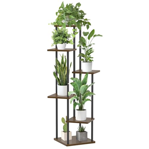 Oppro 6 Tier Plant Stand Indoor Outdoor, Tall Metal Wood Muti-Level Planter Shelf Holder, Sturdy Large Vertical Corner Orchid Flower Pot Display Rack for Narrow House Decor Office Living Room Bedroom, Oak - color: Oak-6 Tier