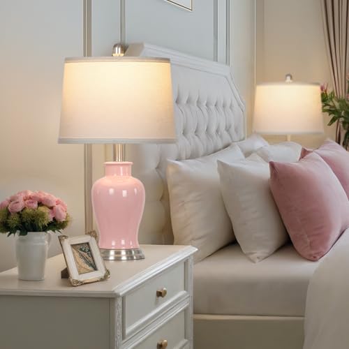 23" Ceramic Table Lamps Set of 2, Modern Ceramic Lamps for Living Room, Cute Bedside Lamps with Ginger Jar Design, Elegant Bedroom Lamps for Nightstand Dining Room Desk Side End Table Home Decor, Pink - color: Pink