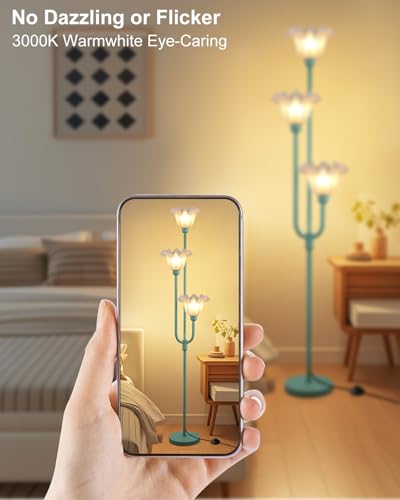 66 Inch Flower Green Floor Lamp for Living Room Bedroom Office, 3-Light Mid Century Standing Lamp with 3000K Warm White LED Bulbs, Vintage Floral Lamp with Heavy Stable Base & Foot Switch - color: 3 Flower-Green