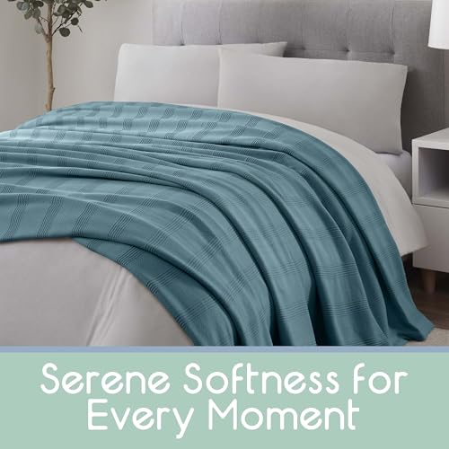 Vellux 100% Cotton Blanket, Queen, 90x90, Pacific Blue | Soft, Breathable Knit, Lightweight, All Season, Machine Washable, Oeko-Tex Certified, Hotel Quality - color: Blue, size: Queen