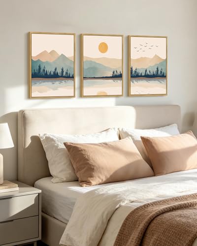 KUVIOKE Mountain Landscape Framed Wall Art Watercolor Nature Laker Painting Sun Rises Boho Farmhouse Rustic Home Decor 12x16in (Natural Framed) - color: Laker and Mountain, size: 12 x 16in x 3 Panels Natural