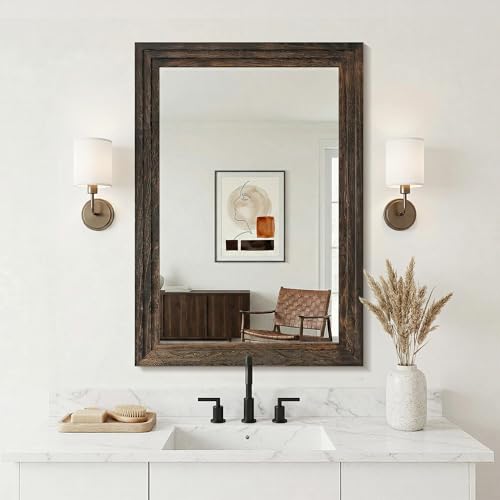 Wood Framed Mirrors for Wall, Brown Bathroom Vanity Mirror for Over Sink 24 x 36, Rustic Wall Mirror for Bathroom Sink Hallway Entryway Bedroom Living Room Farmhouse Boho Style - color: Wooden Brown, size: 36"L x 24"W