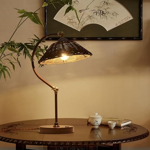 2 Pack Woven Rattan Table Lamp, Boho Plug in Handmade Rattan Shade & Anti-Rust Iron Base Desk Lamp, Plug & Play Vintage Dark Brown Bedside Lamp for Living Room, Office, Bedroom 【Bulb Included】
