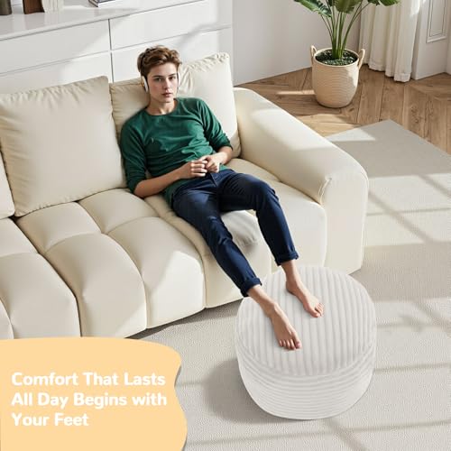 MeMoreCool Stuffed Round Pouf Ottoman Foot Rest, Soft Plush Floor Pouf Foot Stool, Corduray Footstool Footrest, Small Round Ottoman for Living Room Couch Sofa Chair, 20x15 Inch Beige - color: Ribbed Beige