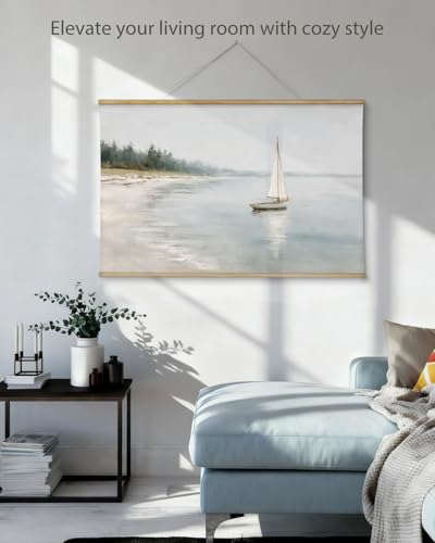 ARPEOTCY Extra Large Vintage Framed Wall Art, 36x54 Inch Coastal Ocean Sailboat Beach Landscape Hanging Canvas Prints Wall Art Decor for Living Room Bedroom, Retro Scenery Pictures Above of Bed - color: Sailboat Beach