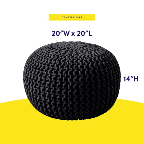 Pouf Ottoman Foot Rest Stuffed – 20” Diameter x 14” Tall Cozy Floor Pouf for Living Room, Bedroom, Nursery & More – 100% Cotton Knit Shell, EPS Bead Filled Footrest & Accent Chair, Black - color: Black