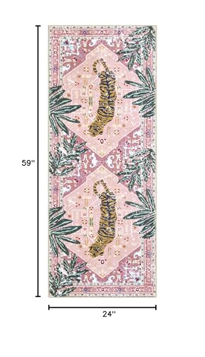 Oriental Tropical Kitchen Runner Rug 2x5 Washable, Thin Stain Resistant Pink Boho Bathroom Runner Rug for Hallway Entryway Bedroom Laundry, Vintage Abstract Hippie Botanical Long Carpet - color: Pink, size: 2' x 5'