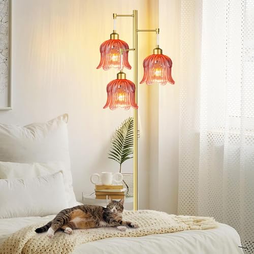 QIYIZM Pink Floor Lamp for Living Room,Bedroom,Gold Mid Century Modern Standing Lamp Brass Tree 3 Light Tall Floor Lamps Floor Lights Glass Flower Lamp Shade Girls Kids Boho Bohemian - size: 24-Floor Lamp