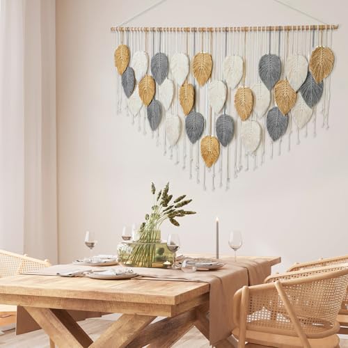 KHOYIME Large Macrame Wall Hanging Boho Woven Tapestry, Chic Modern Home Decor Bohemian Farmhouse Handmade Leaf Feather Wall Art Decorations for Living Room Bedroom Nursery Dorm Backdrop 51.5"W X 33.5"L - color: Yellow-51.5"W x 33.5"L