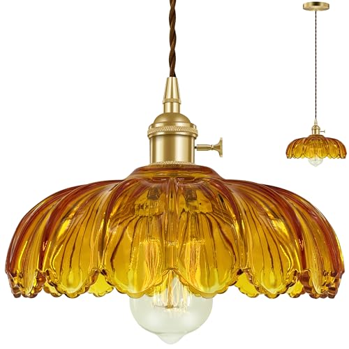 Hardwired Pendant Light Fixture, Hanging Light Fixture, Glass Shade Pendant Light with Rotary Switch, Modern Lamp for Kitchen Island, Bedroom, Dining Room, Living Room (Orange, 6 Ft Cord) - color: Orange, size: 6 ft