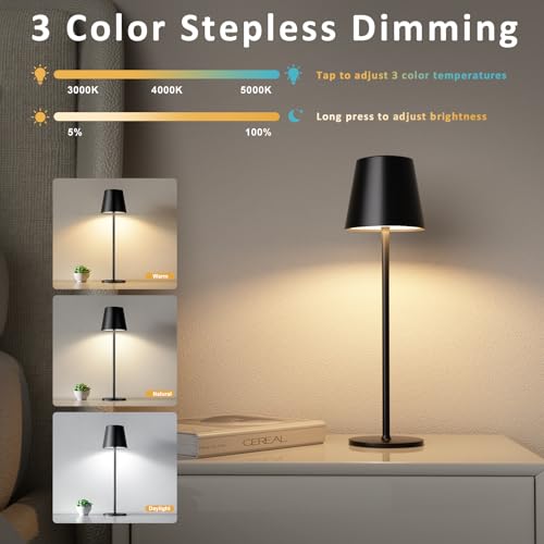 Kakanuo Cordless Table Lamp, 3 Color Stepless Dimming, 5000mAh Rechargeable Battery Powered, Outdoor LED Lamps, for Dining Room, Living Room, Bedroom, Bar, Cafe, Restaurant, Patio, Camping - Black - color: Black - Triangle Shade, size: 2 Pack 14in - Down