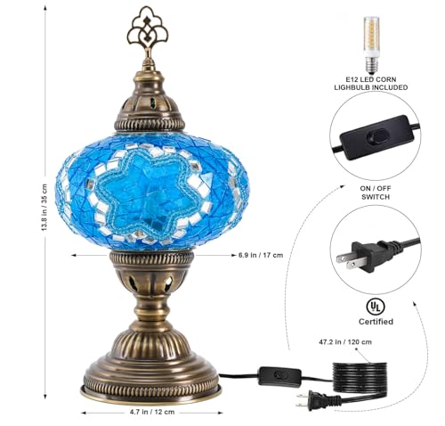Turkish Mosaic Table Lamp with Bulb – Handmade Turquoise Blue Stained Glass Bedside Light, Authentic Vintage Boho Decor with E12 Socket & US Plug - color: Turquoise Blue
