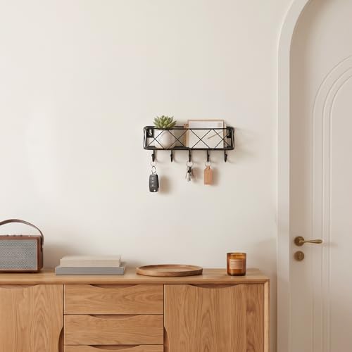 HappyHapi Key Holder for Wall Decorative, Entryway Key Hooks, Wall Mounted Key Rack with 5 Hooks, Metal Wire Mesh Basket Mail Holder, 9.8”Lx2.1”Wx4.1”H