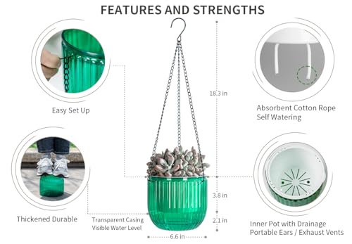 Josteve 6.5 Inch 2 Pcs Self Watering Hanging Planter Indoor Plant Pots Drainage Holes, Outdoor Hanging Planters Flower Pot Basket, Visible Water Level, Plant Hanger Home Decor, Gardening - color: Emerald, size: 2*6.5 inch
