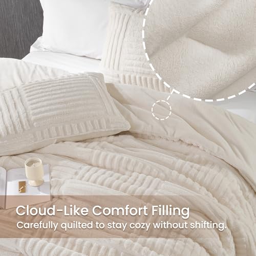 Amélie Home Fleece Comforter Set Queen Size, Beige Fleece Bedding Set with Stripe Jacquard, Soft Fluffy Bedding Set, 3 Pieces, 1 Warm Comforter and 2 Pillowcases - color: Stripe Patchwork Beige, size: Queen (90"x90")