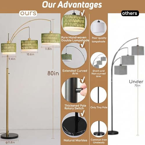 Gold Rattan Floor Lamp for Living Room, 80 Inch Tall Boho Floor Lamp with Rotary Switch, 3 Lights Arc Lamp with Green Wicker Shade for Coastal,Bohemian,Tree Farmhouse Standing Lamp - color: Green+Gold