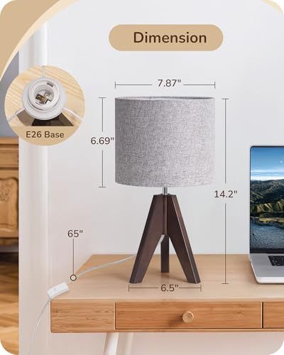 EDISHINE Boho Small Table Lamp, Walnut Color Wooden Tripod Bedside Lamp, Farmhouse Nightstand Lamp for Nursery, Bedroom, Office, Kid Room, Living Room, Grey Linen Lampshade, E26 Socket, 14.2 Inch - style: Modern