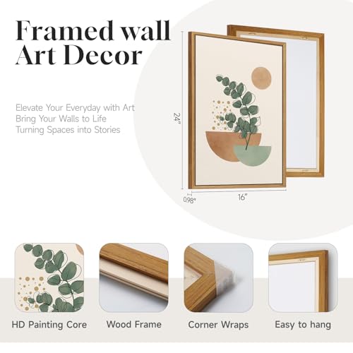Framed Abstract Boho Wall Art for Living Room, Large Botanical Sage Green Plant Canvas Artwork for Walls, Minimalist Neutral Geometric Line Prints Paintings for Bedroom Hallway 16x24 Inch - color: Orange and Green, size: 24" H x 16" W x 3Pcs